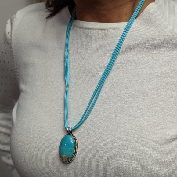 Navajo Mountain Pendant & Kingman Turquoise 5 Strands Necklace Heishi Jewelry*** - Picture 6 of 11